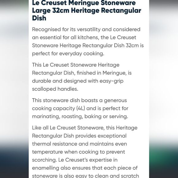 Le Creuset Heritage 32cm Rectangular Baking Dish- Merinque - Picture 4 of 8